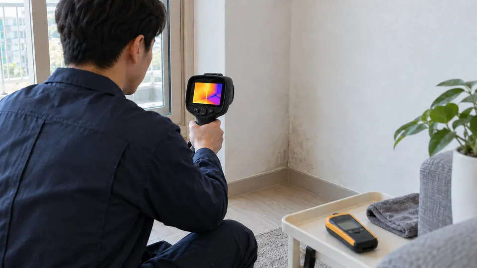 벽면의 열화상·수분 확인 과정을 설명하는 AI 예시 이미지